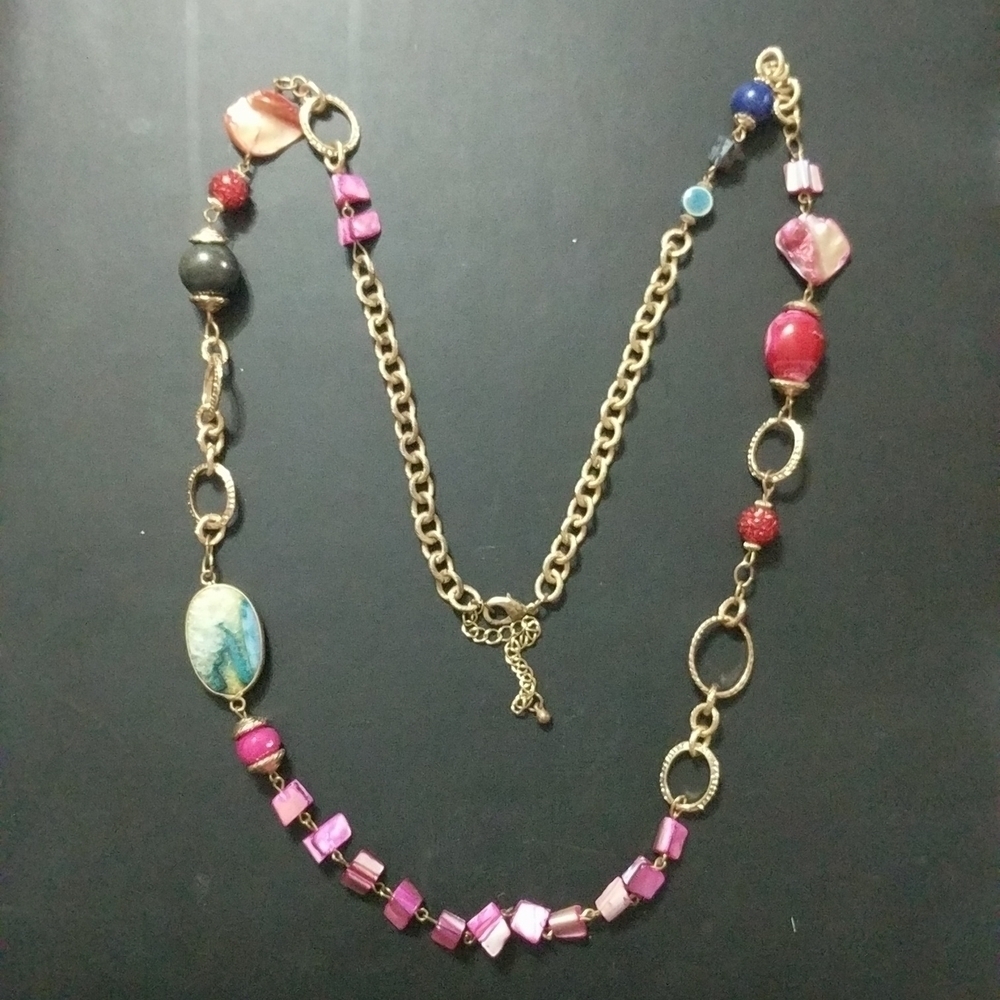 Gold Tone Shell Druzy Blister Pearl Beaded Long Statement Necklace